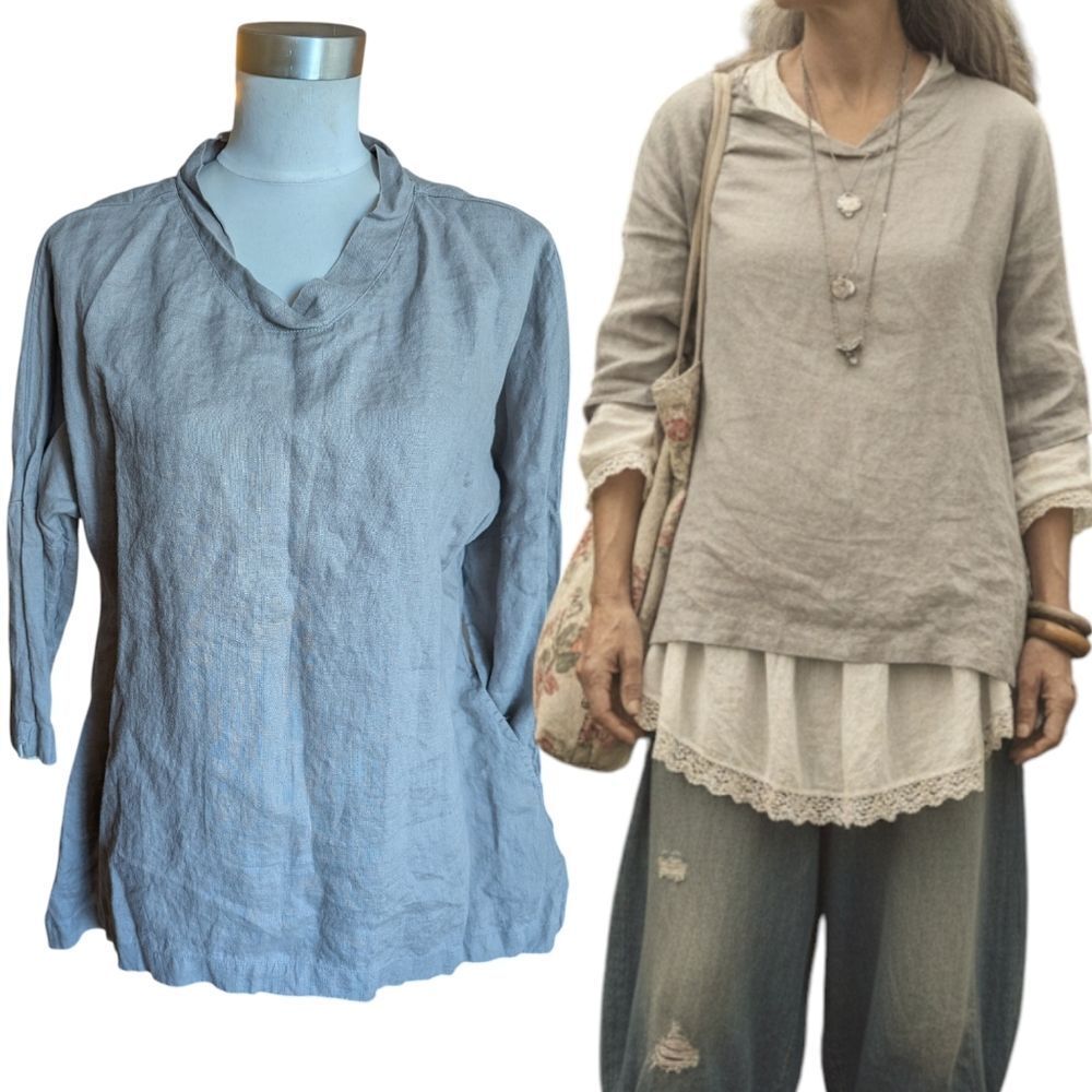 Le Ciel 💯 Hemp Light Grey Assymetric Hem Short Sleeve Blouse M With Pockets